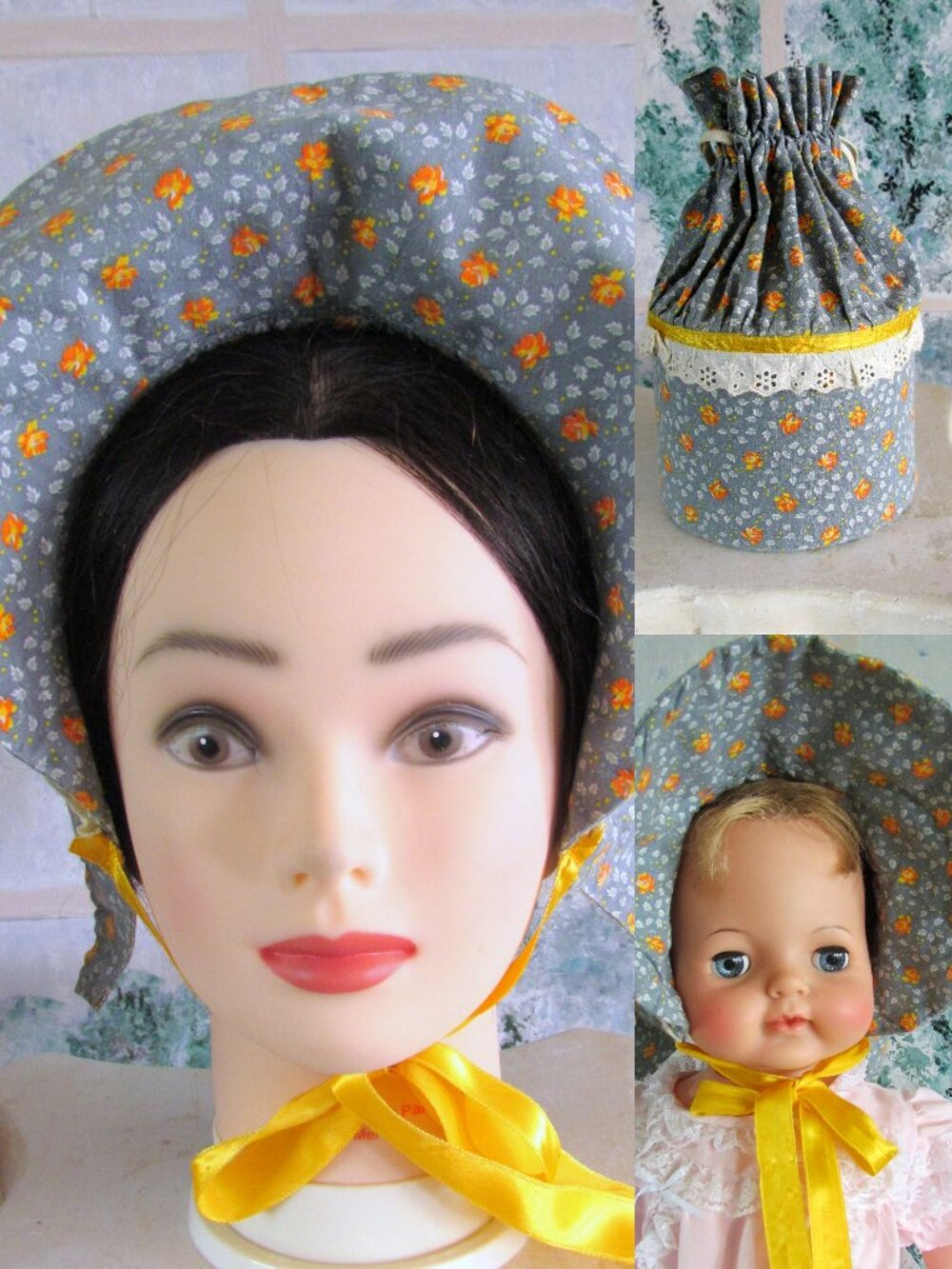 VICTORIAN BONNETS + RETICULE, HANDMADE PIONEER HATS for WOMAN & CHILD, 3-PC SET